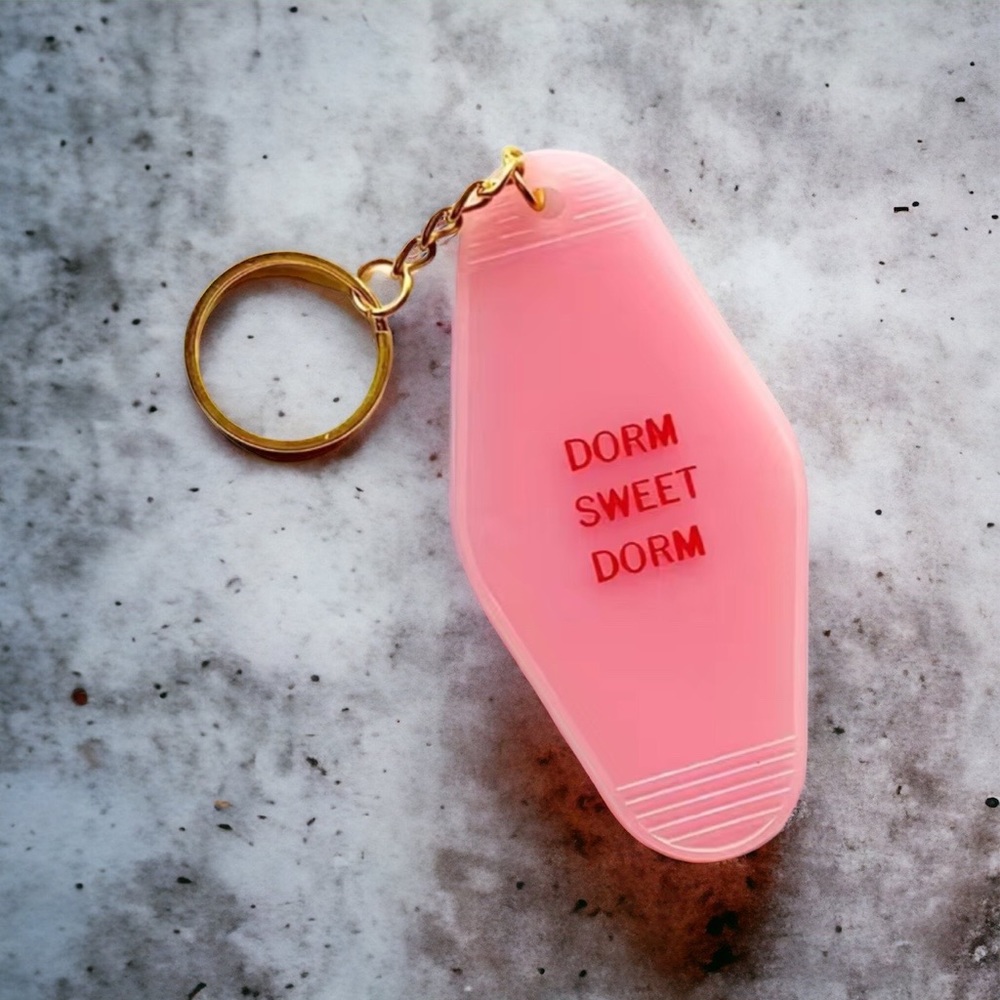 DORM SWEET DORM Retro Motel Pink Plastic Keychain 1 pc College Gift